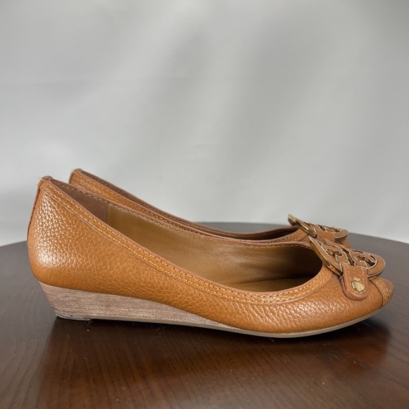 Tory Burch Shoes Women's 6.5M Brown Pebbled Leather Peep Toe Pump Wedge 11128602 - Picture 5 of 16